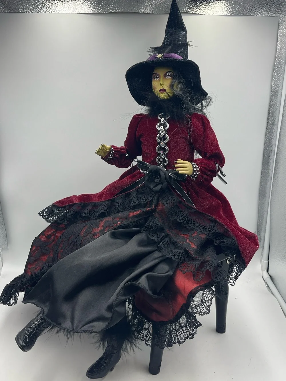 28” Whimsical Halloween Gothic Victorian Wicked Witch Shelf Sitter w/ Green Face